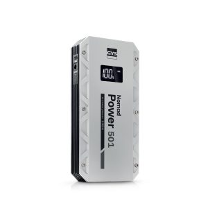 Arrancador de batería GYS NOMAD POWER 501, vista 3/4 con pantalla LCD