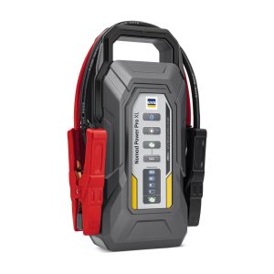 Arrancador de batería GYS NOMAD POWER PRO XL, vista 3/4 con pinzas
